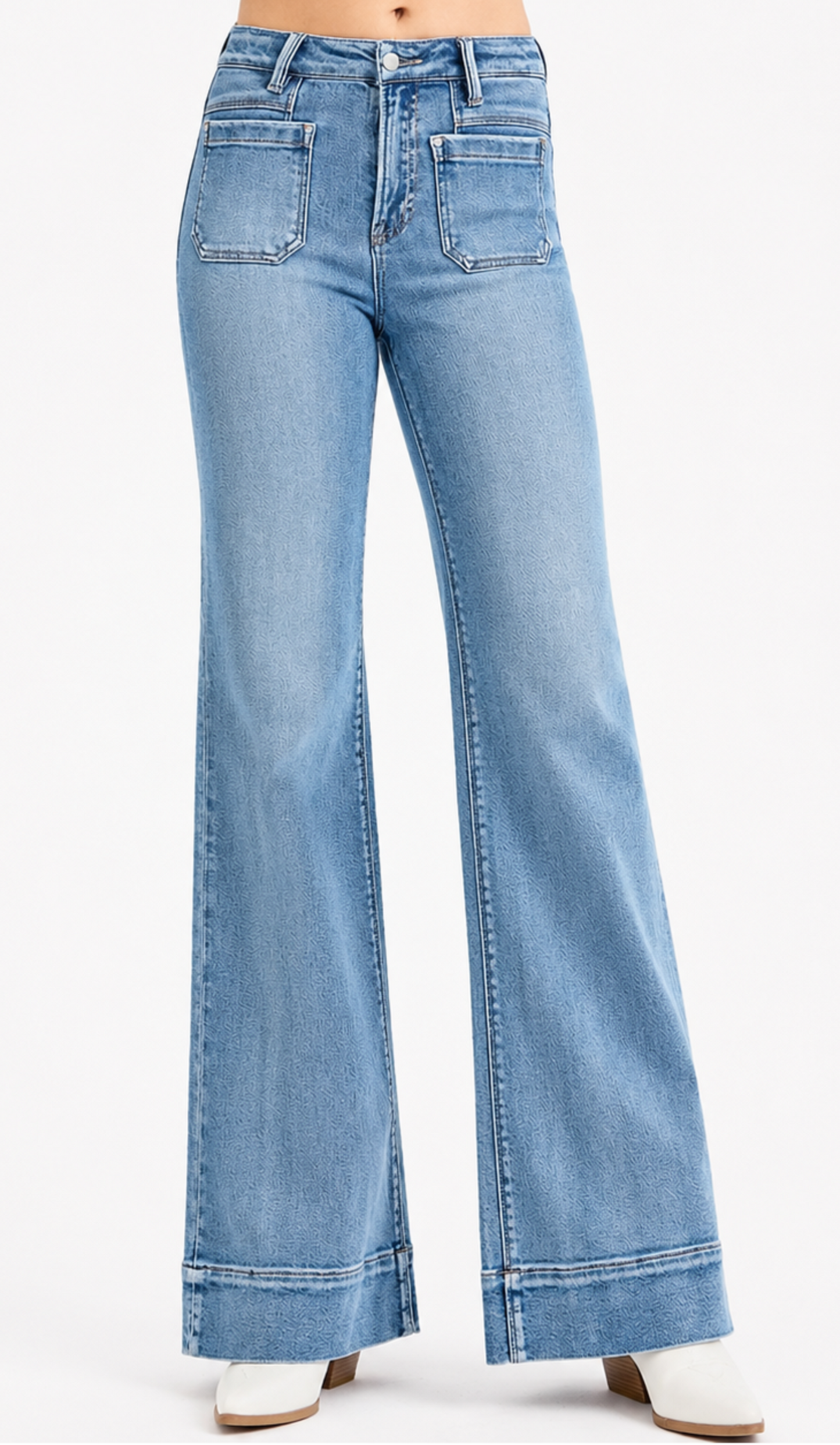 RISEN High Rise Wide Flare Patch Pocket Jeans