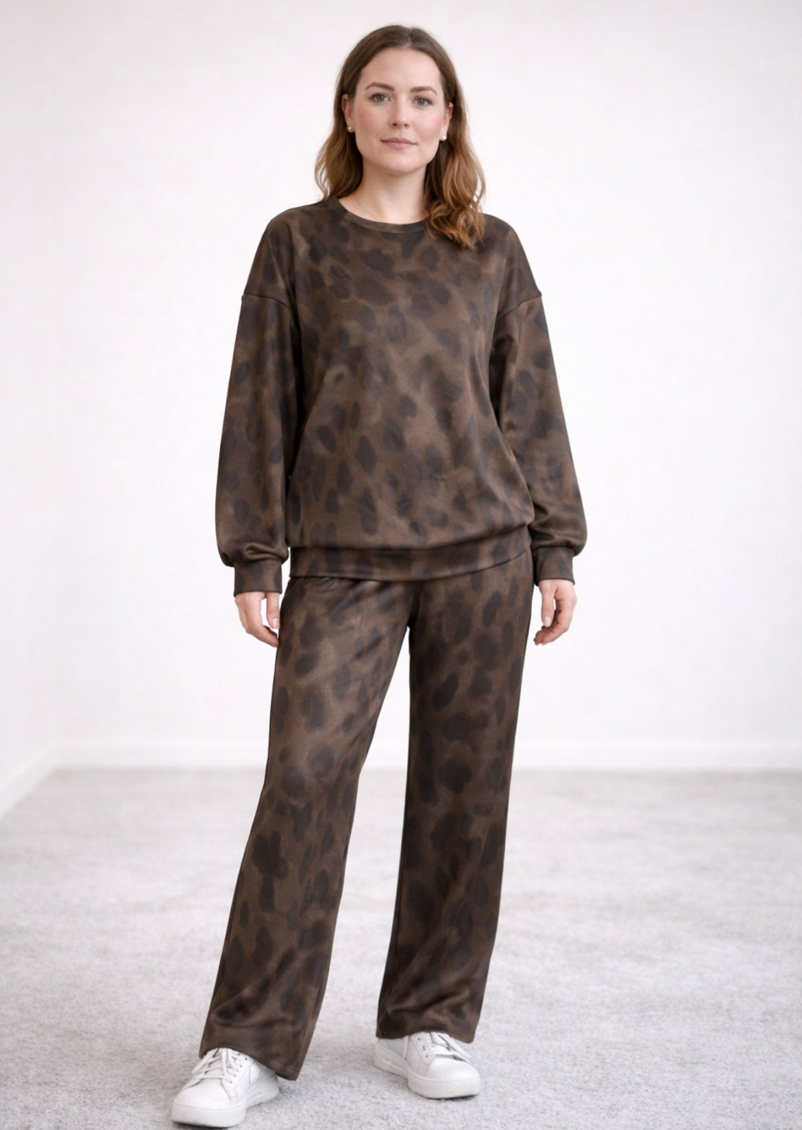 Brown Leopard Print Pullover Drawstring Loose Pant Set