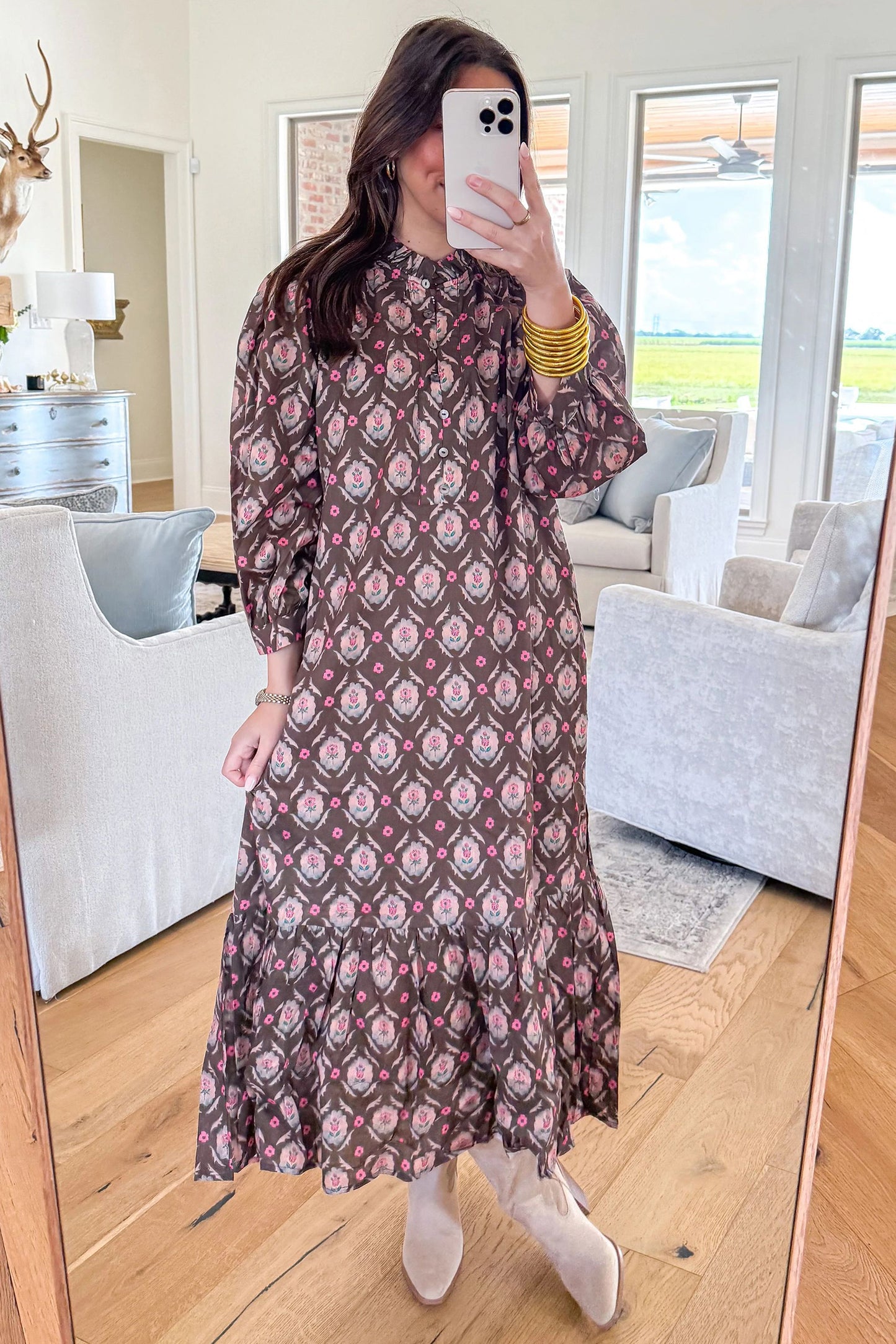 Brown Floral Button Front Ruffle Hem Midi Dress