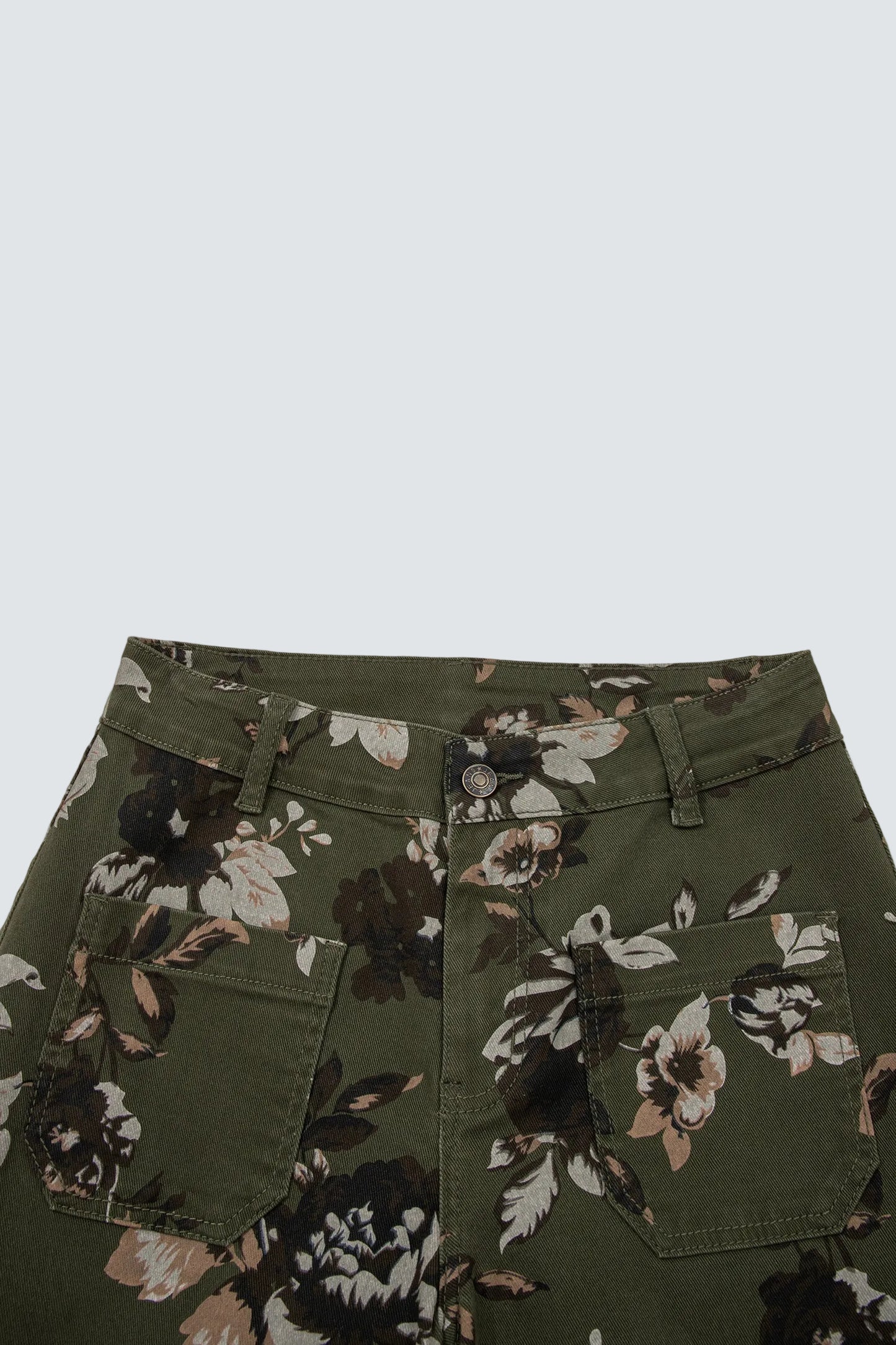 Olive Vintage Floral Patch Pocket Wide Leg Jeans