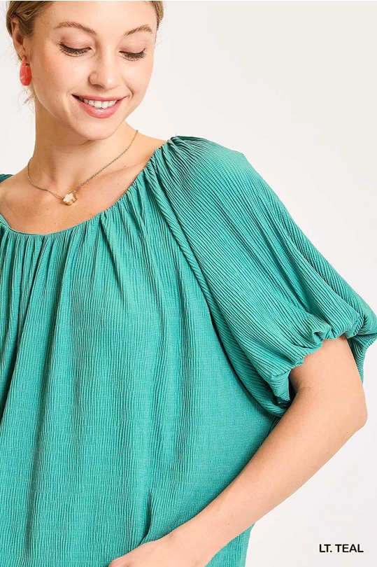 Scoop Neck Top w/ Balloon Sleeves - Light Teal by Umgee