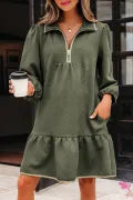Green / Olive Quarter Zip Collar Bracelet Sleeve Textured Dress