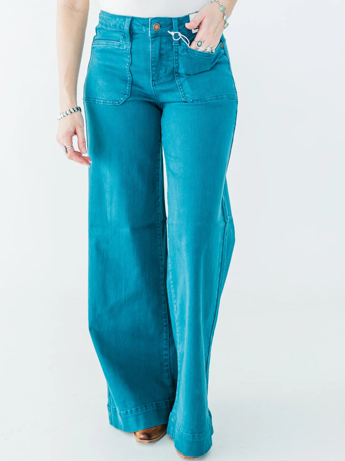 Judy Blue Teal Mid Rise Utility Wide Leg Jeans