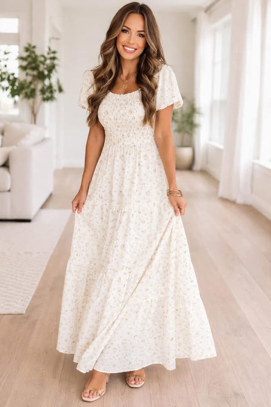 Sweet Meadow Shirred Floral Maxi Dress