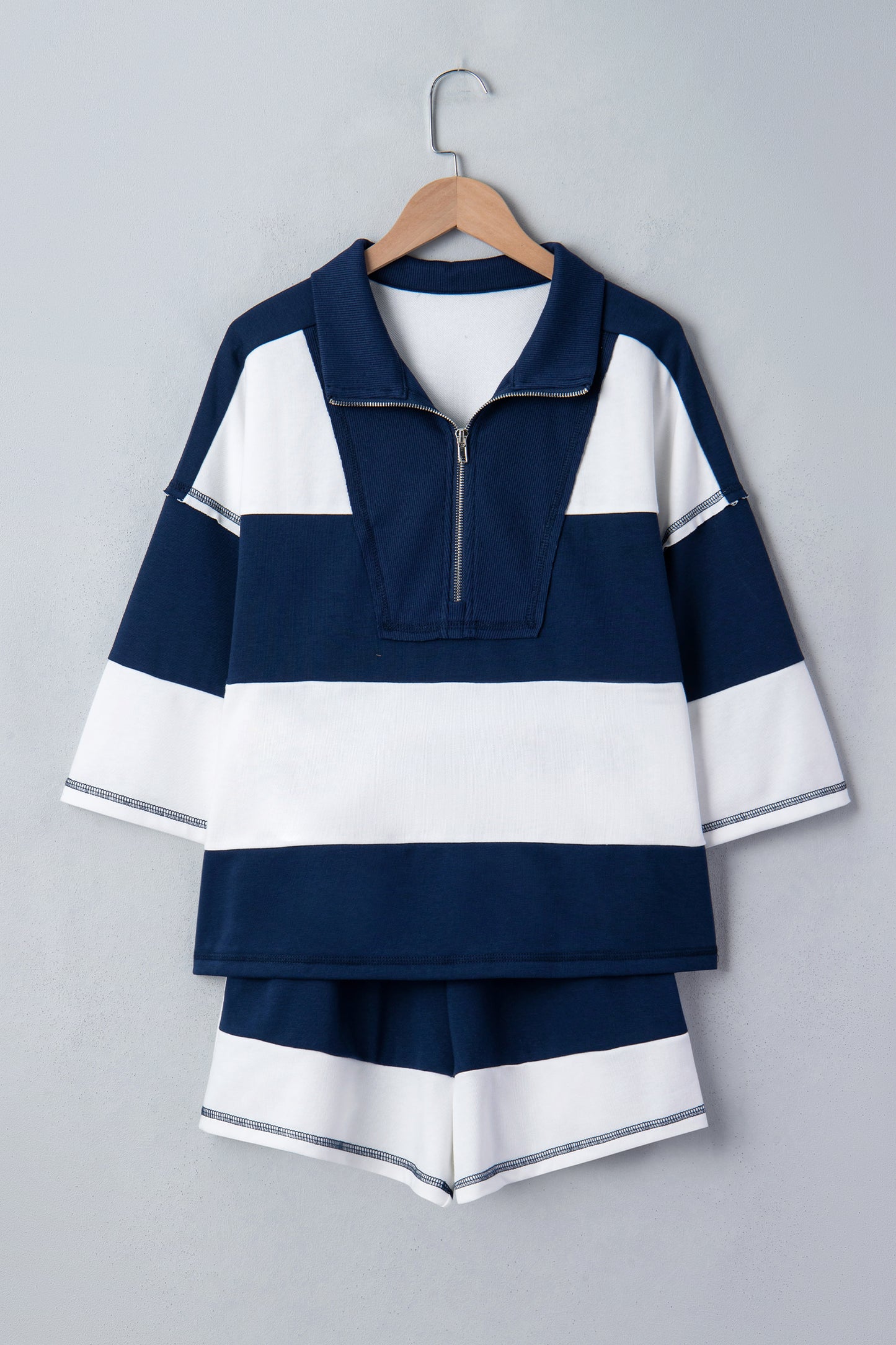 Navy Colorblock Half Zip Short Set