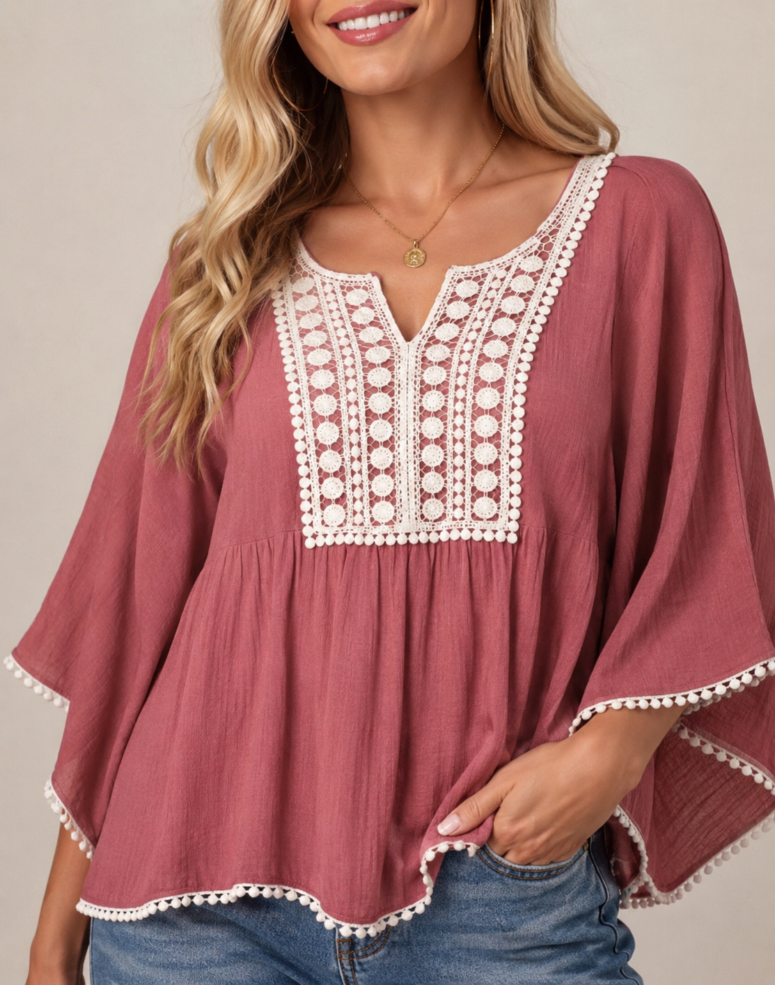 Dusty Rose Lace Trim Boho Top