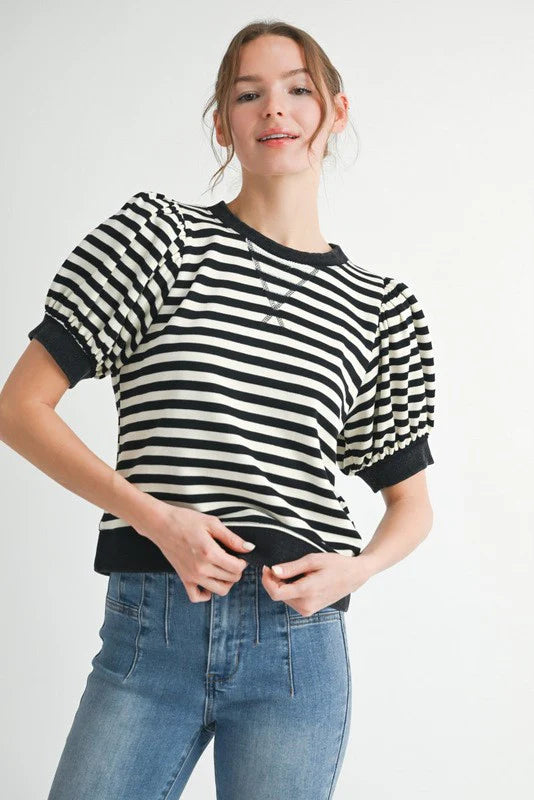 Black Stripe Puff Sleeve Top by JODIFL