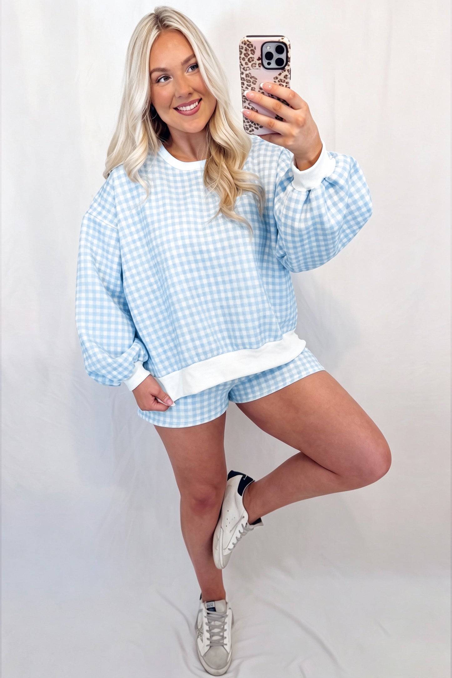 Blue Gingham Baggy Pullover Drawstring Casual Short Set