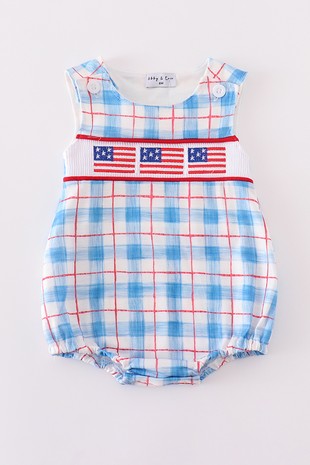Flag Embroidery Smocked Plaid Bubble
