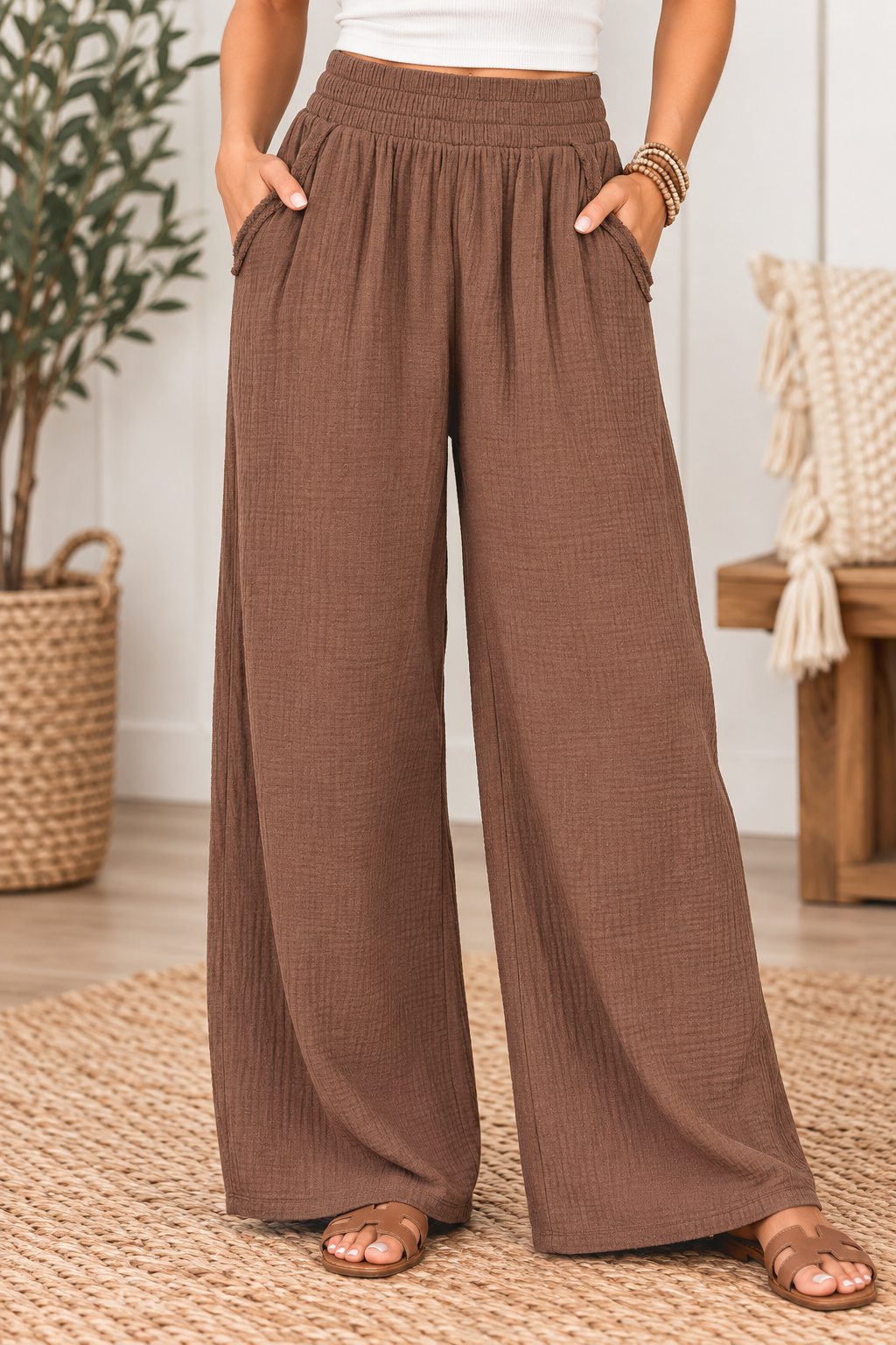 Zenana Brown Double Gauze Wide Leg Pants