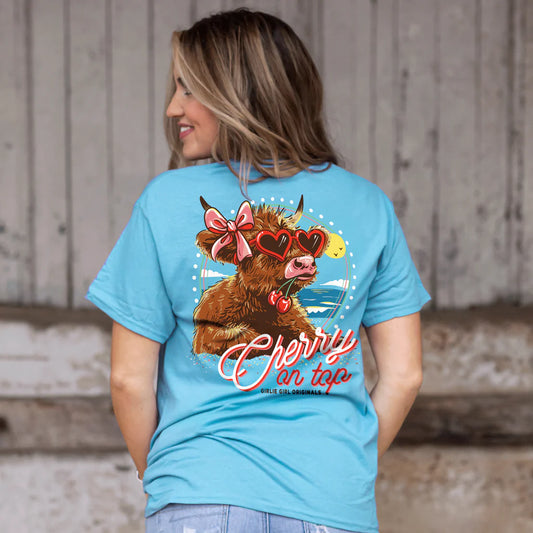 “Cherry on Top” Highland Cow Tee – Sky Blue