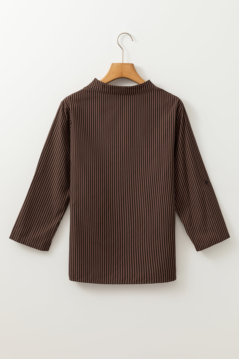 Brown Striped V Neck Roll Up Sleeve Pocket Patched Classic Shirt