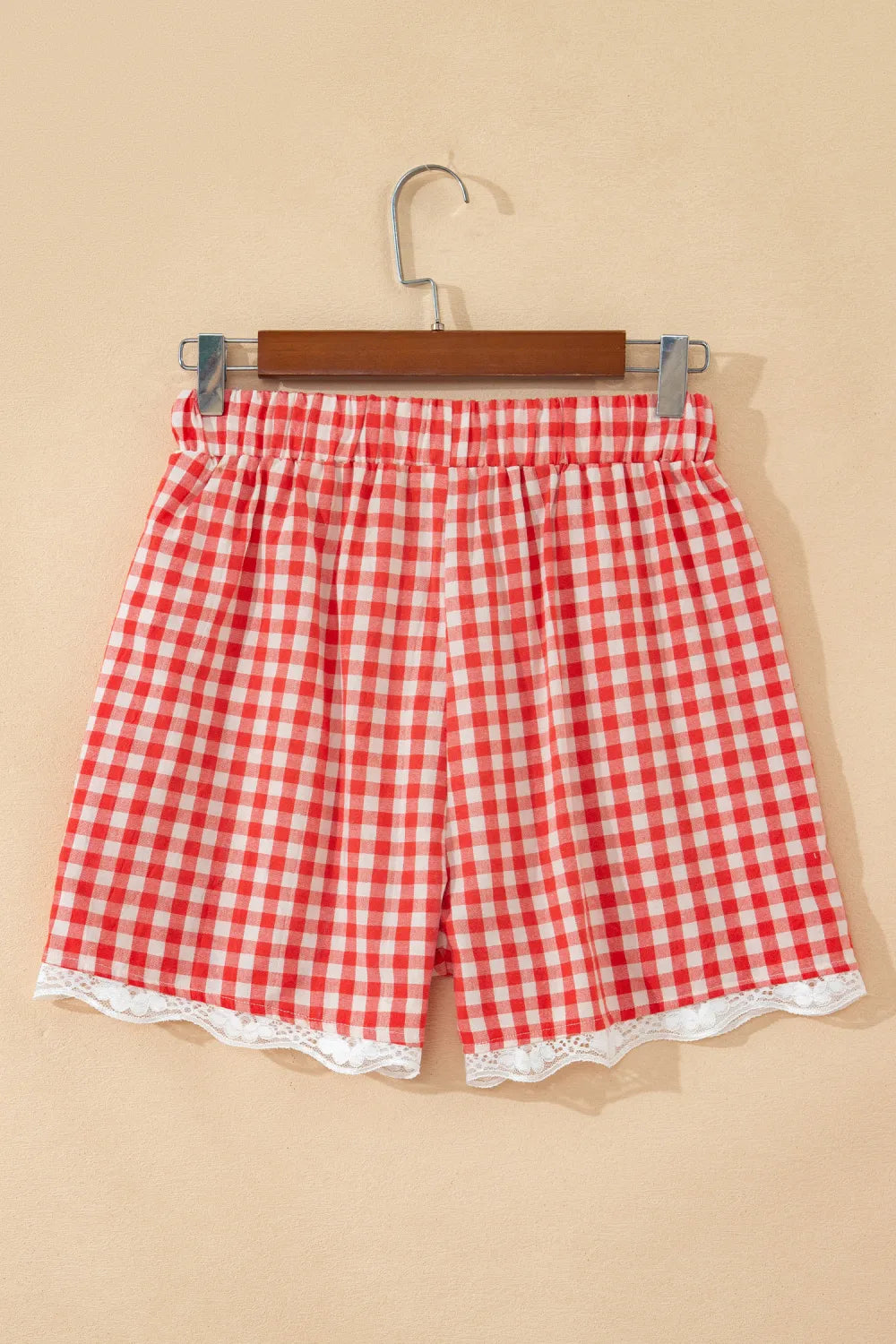 Red Gingham Plaid Tie Waist Lace Hem Casual Shorts