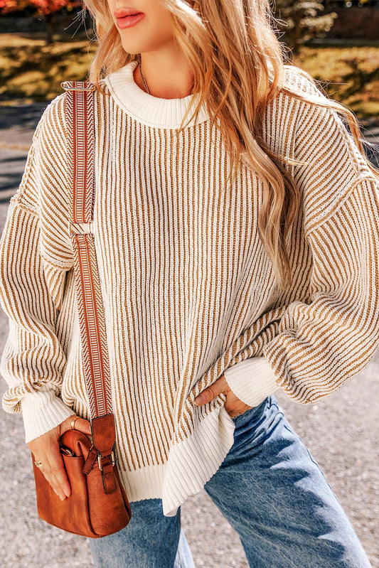 Chestnut Striped Textured-Knit Loose Sweater with Contrast Edge