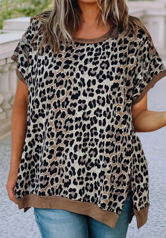 Khaki Leopard Contrast Trim Top