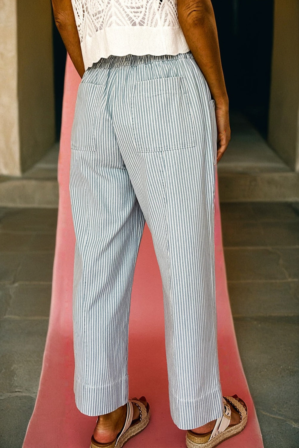 Blue Stripe Mid Rise Drawstring Waist Jeans