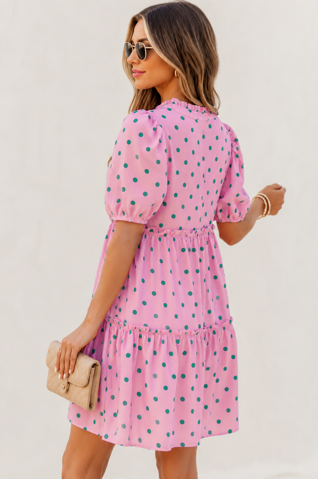 Pink Polka Dot V Neck Short Sleeve Tiered Dress