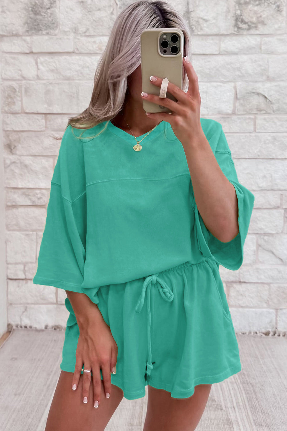 Sea Green V-Neck Tee & Shorts Set