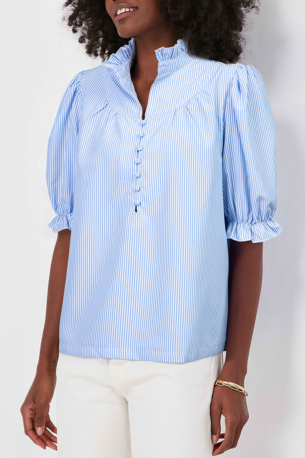 Blue Striped Ruffle Collar Blouse – Puff Sleeve