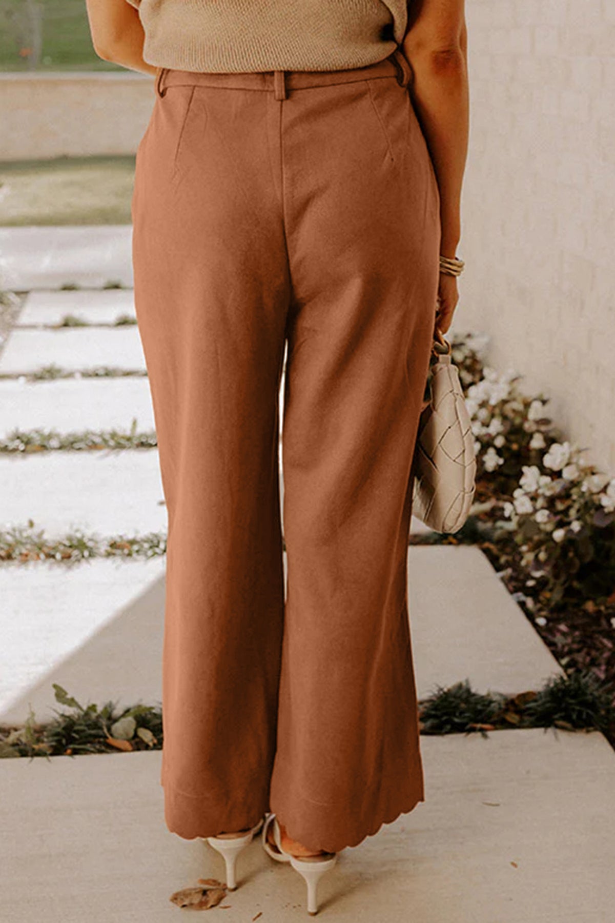 Rust Scalloped Pocket Wide Leg Pants