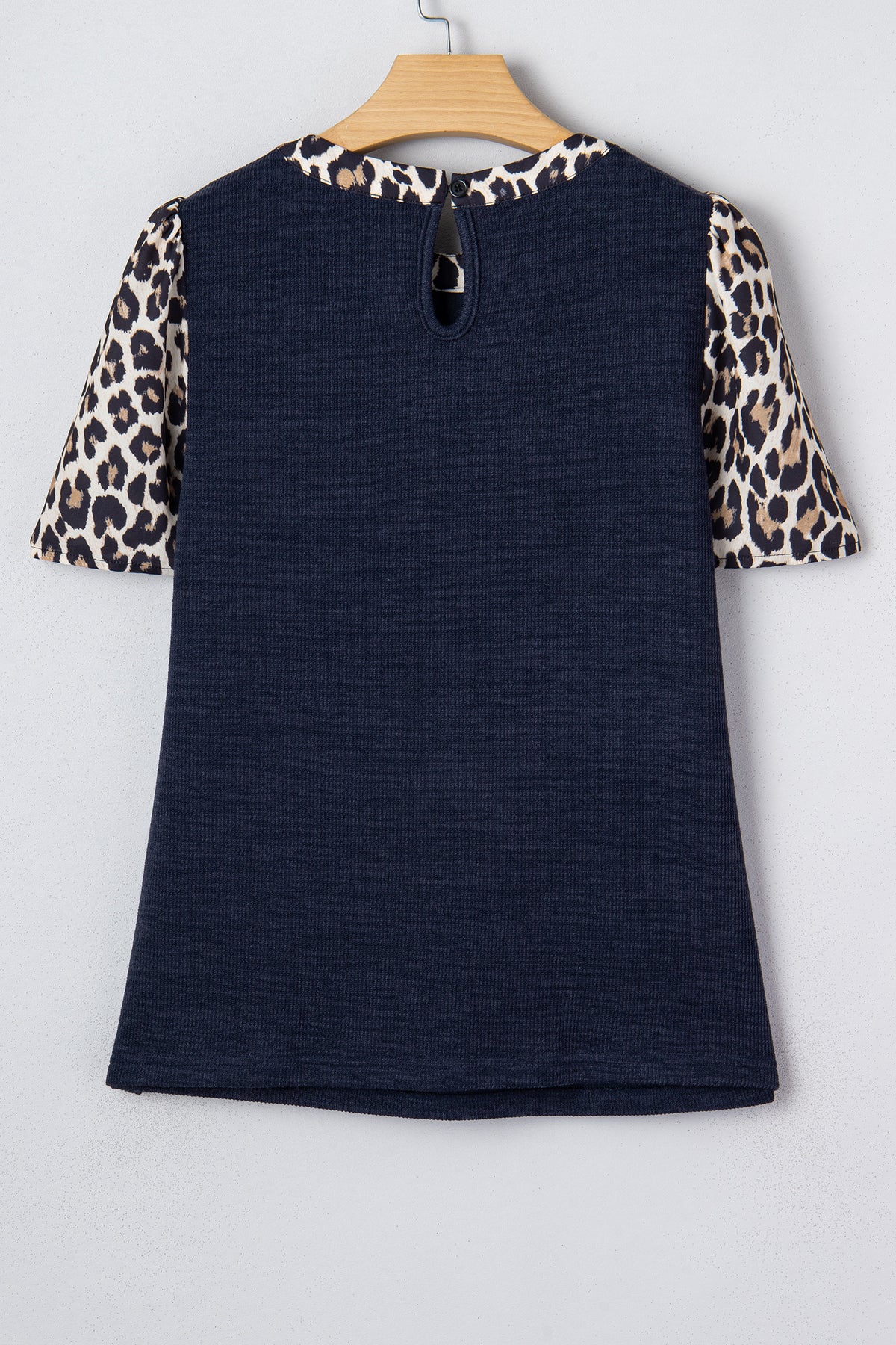 Navy Blue Ribbed Leopard Trim Short Sleeve Top