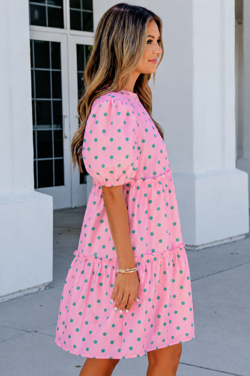 Pink Polka Dot V Neck Short Sleeve Tiered Dress