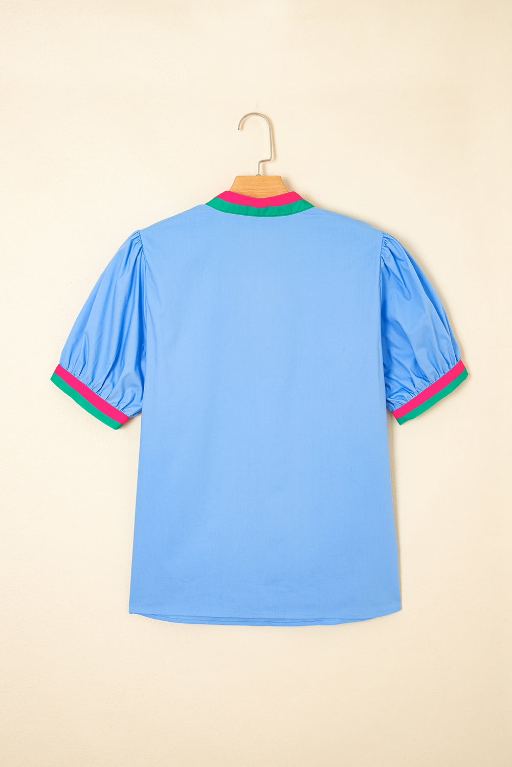 Blue Contrast Striped V Neck Collision Short Puff Sleeve Blouse