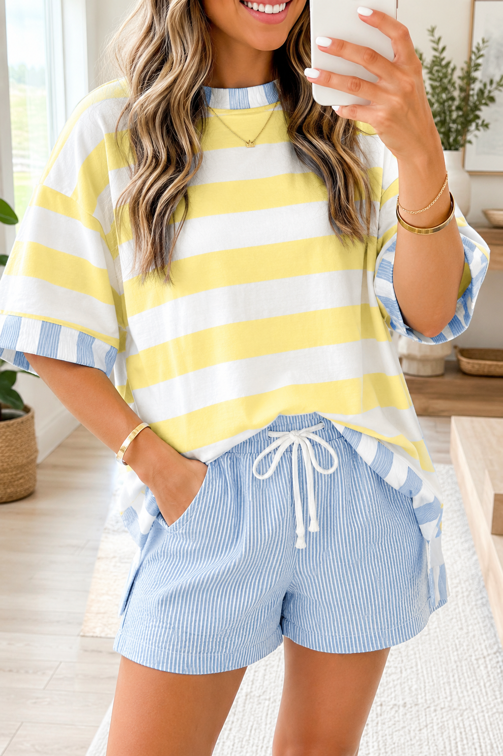 Light Blue Stripe Drawstring Denim Shorts