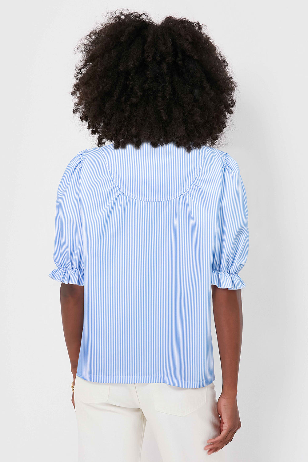 Blue Striped Ruffle Collar Blouse – Puff Sleeve