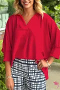 Fiery Red V-Neck Collared Oversized Top | Peachy & Pine Women’s Blouse