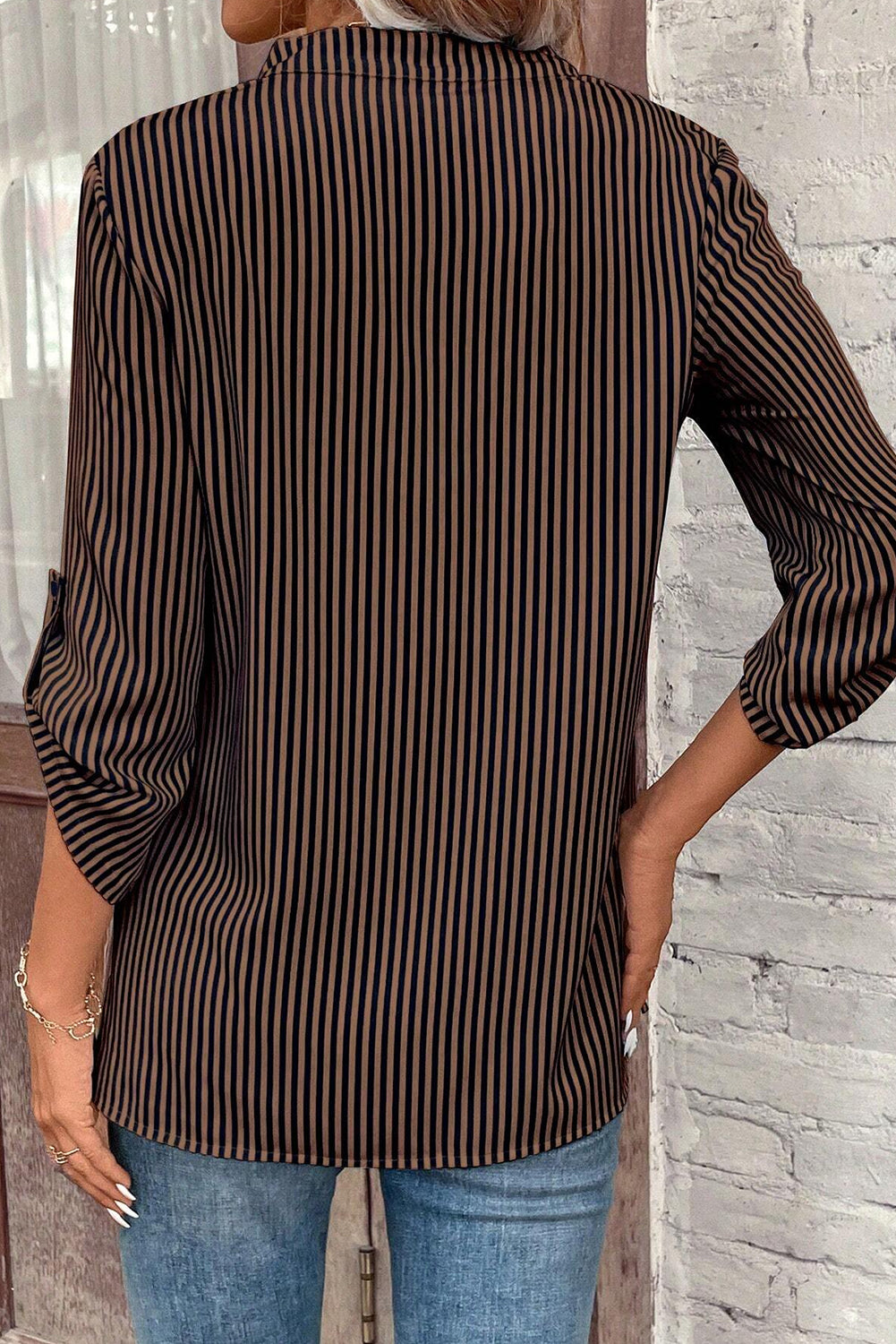 Brown Striped V Neck Roll Up Sleeve Pocket Patched Classic Shirt
