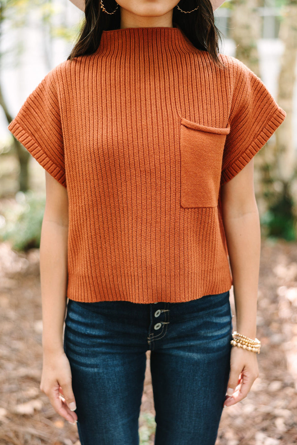 Rust Patch Pocket Ribbed Knit Short Sleeve Sweater