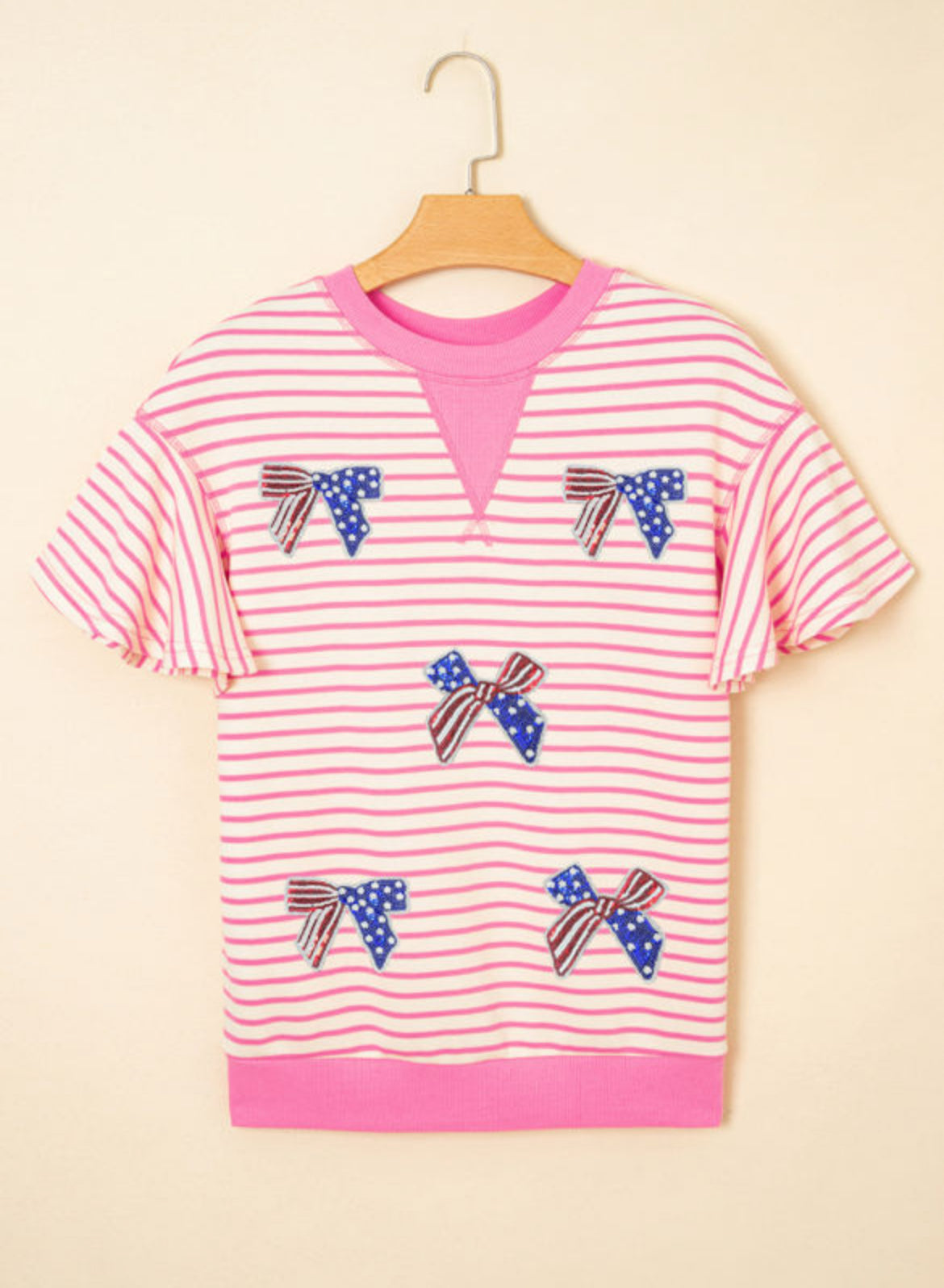 Sachet Pink Sequined American Flag Bow Patched Striped Ruffled Sleeve Blouse