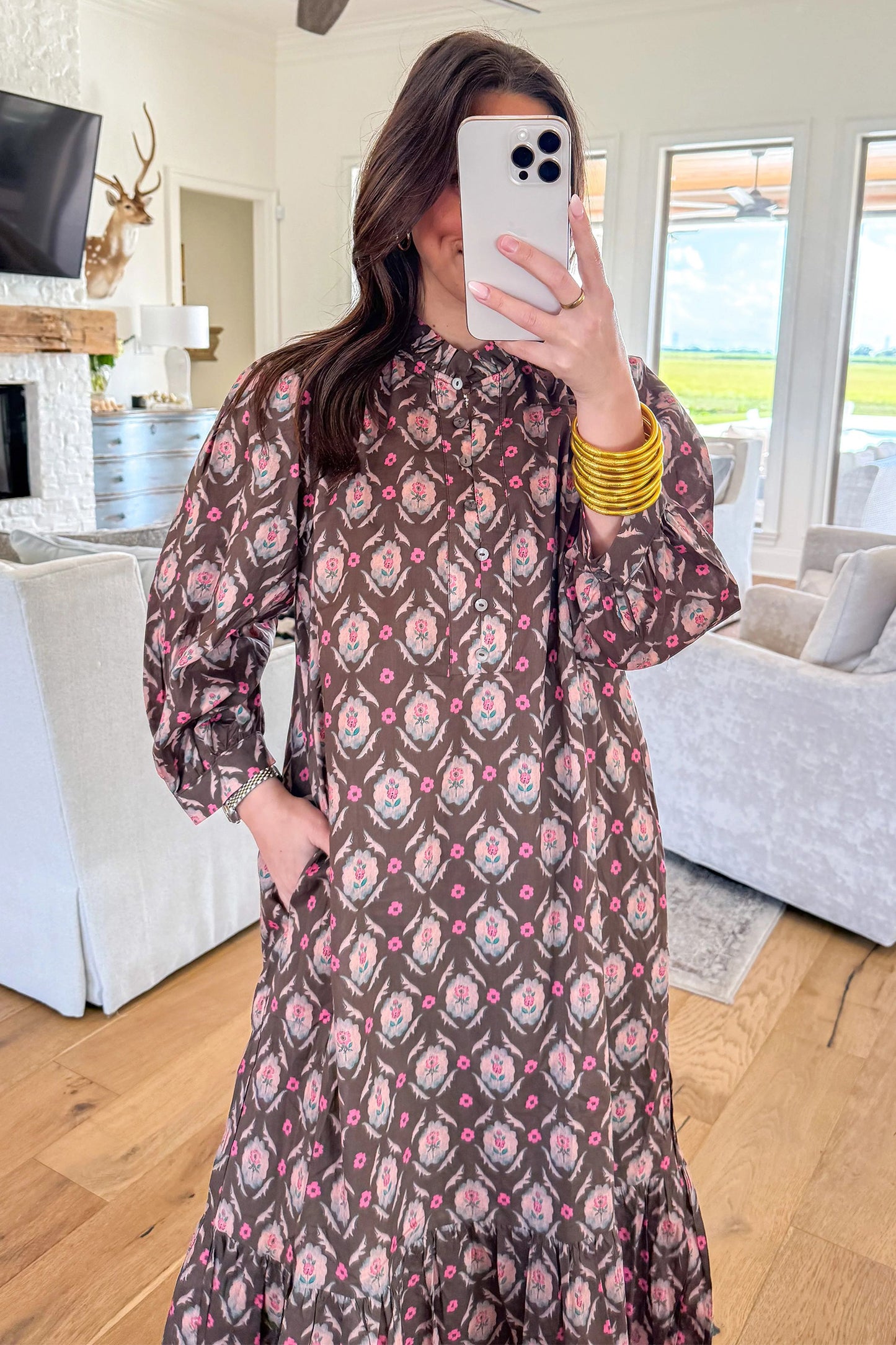 Brown Floral Button Front Ruffle Hem Midi Dress