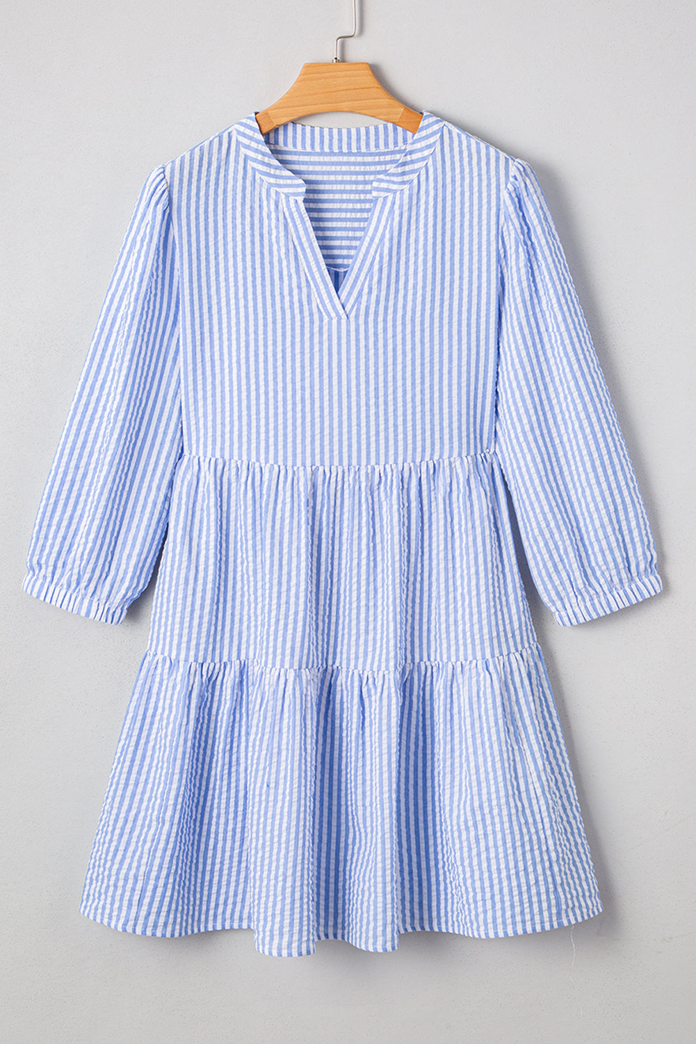 Blue Stripe Bracelet Sleeve Tiered Shift Dress with Pockets