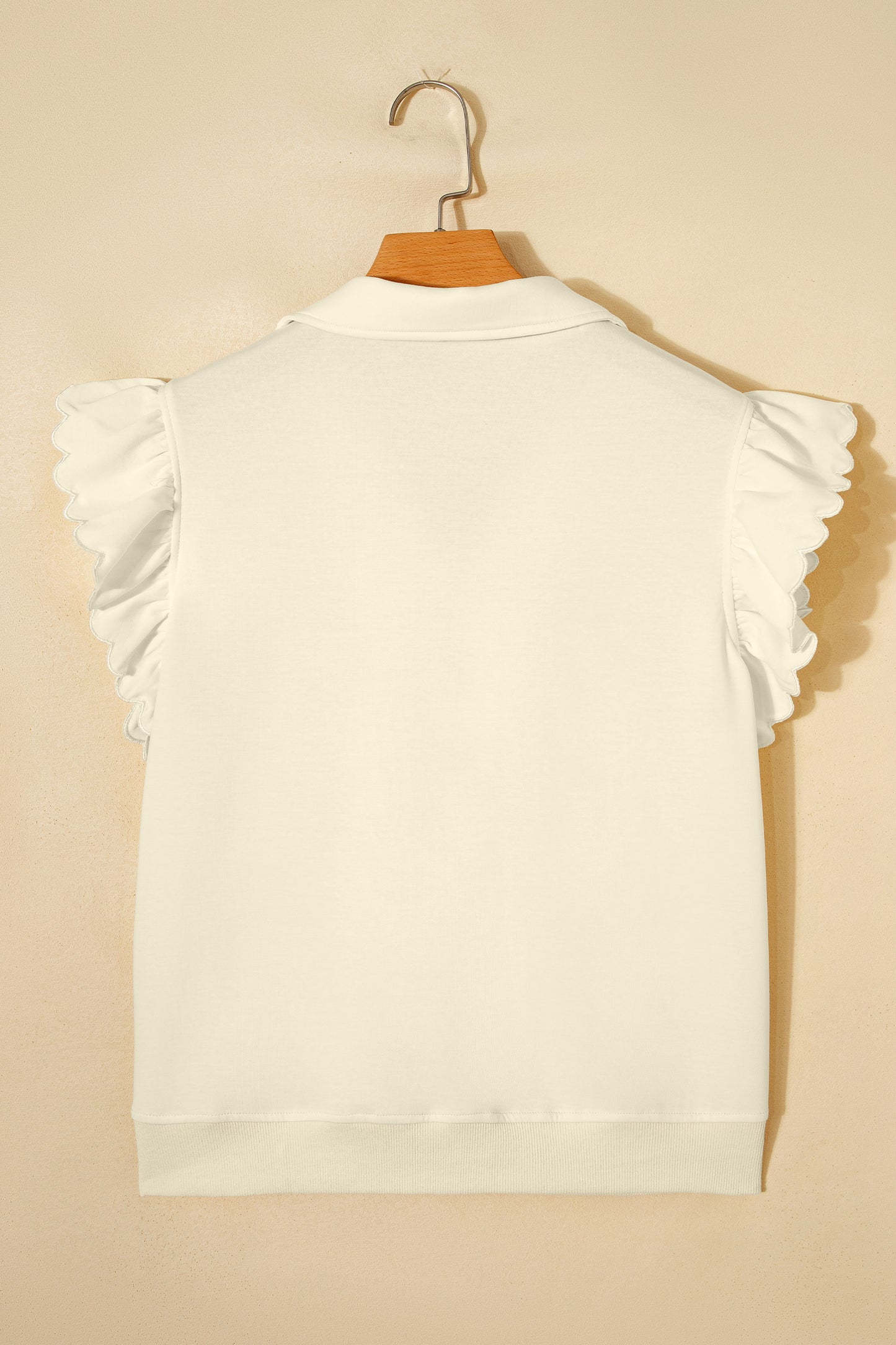 Beige Quarter Zip Collared Ruffled Short Sleeve Blouse