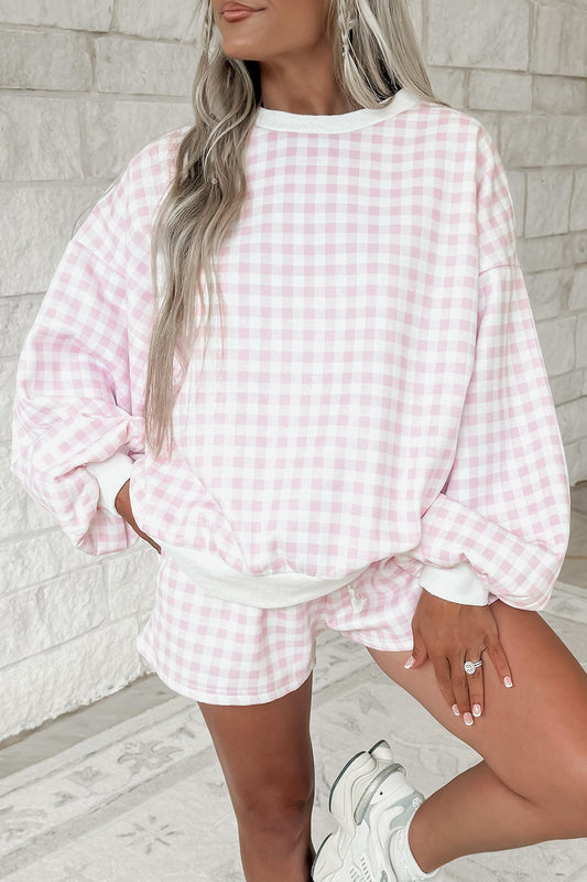 Pink Gingham Baggy Pullover Drawstring Casual Short Set