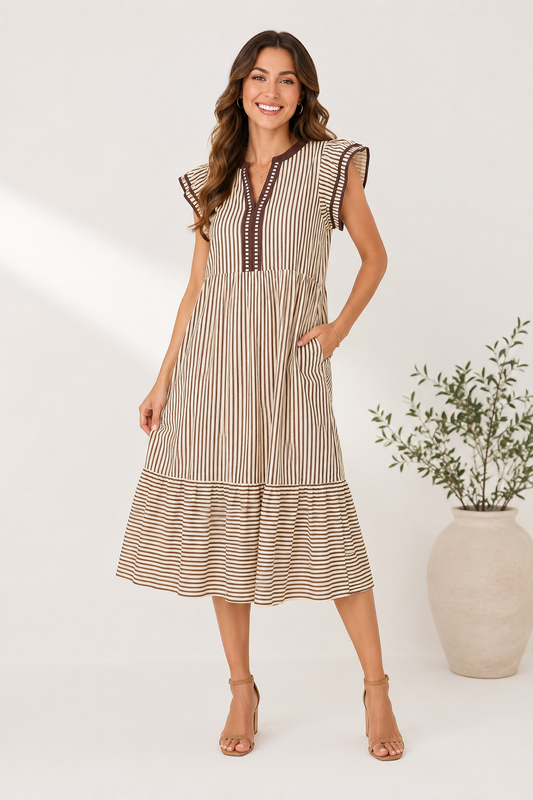 Brown Stripe Double Ruffled Short Sleeve Contrast Trim V Neck Midi Dress