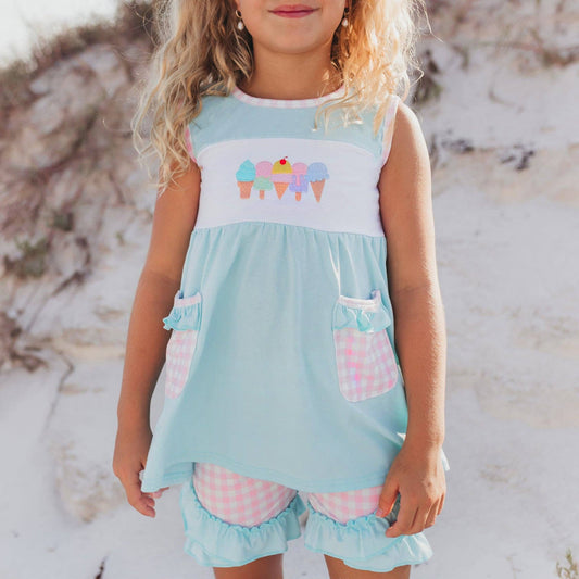 Kids Pastel Ice Cream Gingham Ruffle Spring Summer Short Set