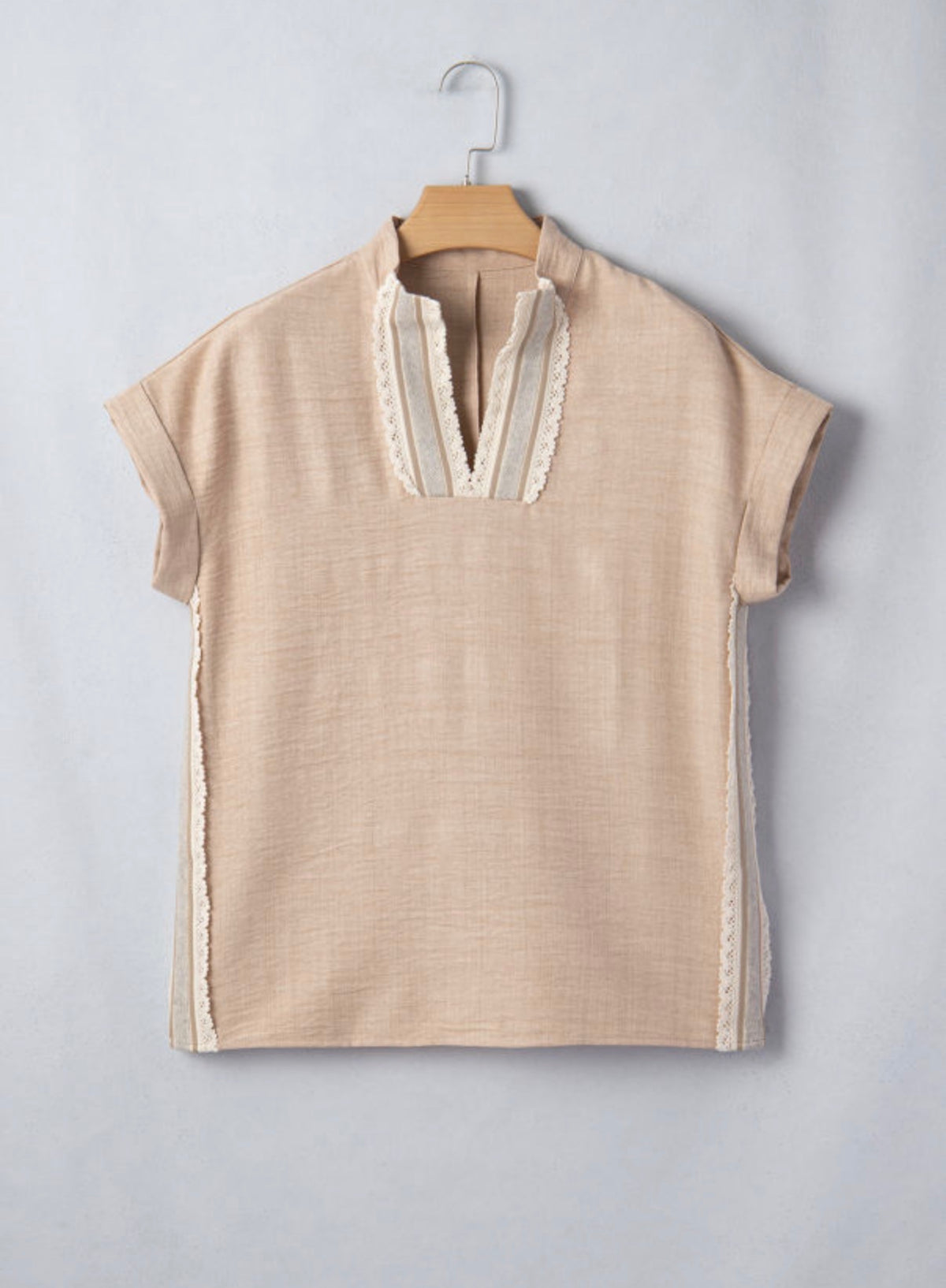 Parchment Crochet Lace V-Neck Blouse | Rolled Sleeve Top