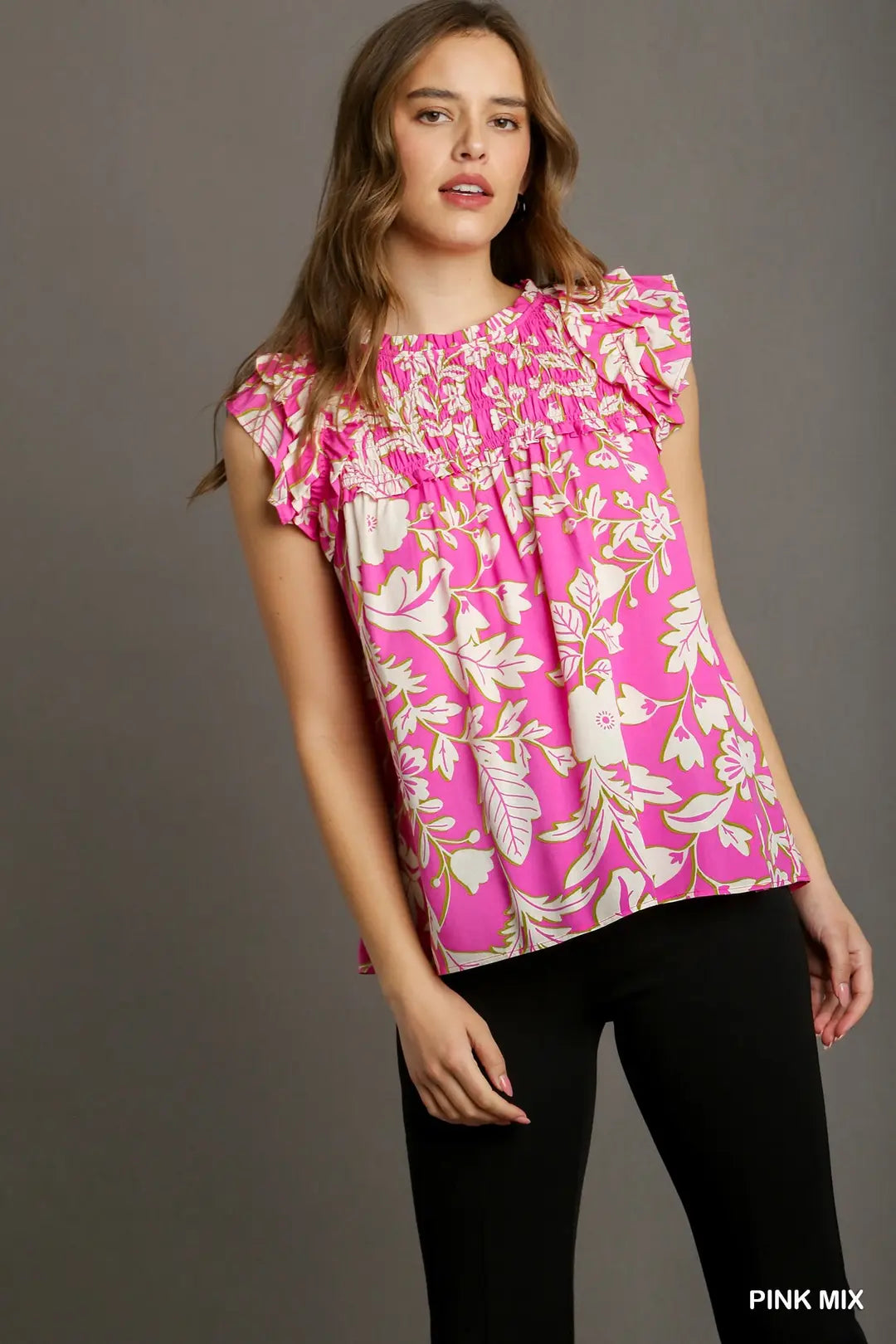 Two Tone Floral Print Smocked Ruffle Shoulder Top with Back Keyhole Button