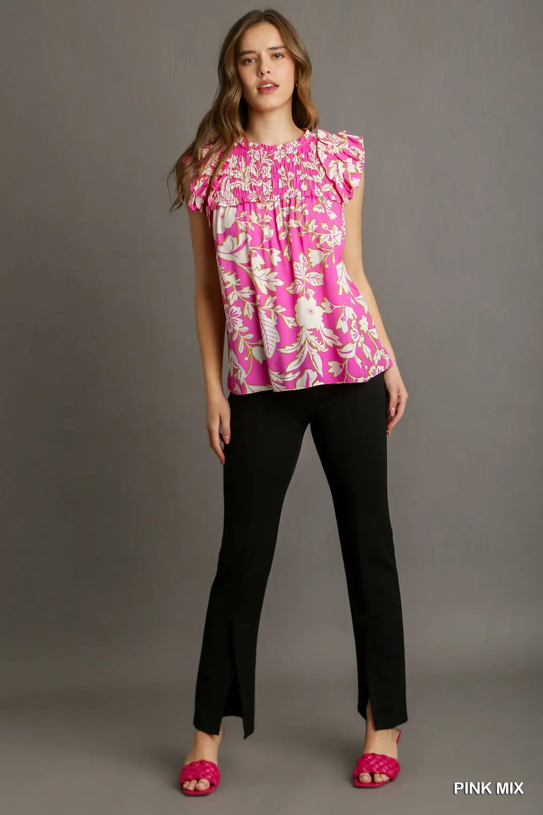 Two Tone Floral Print Smocked Ruffle Shoulder Top with Back Keyhole Button