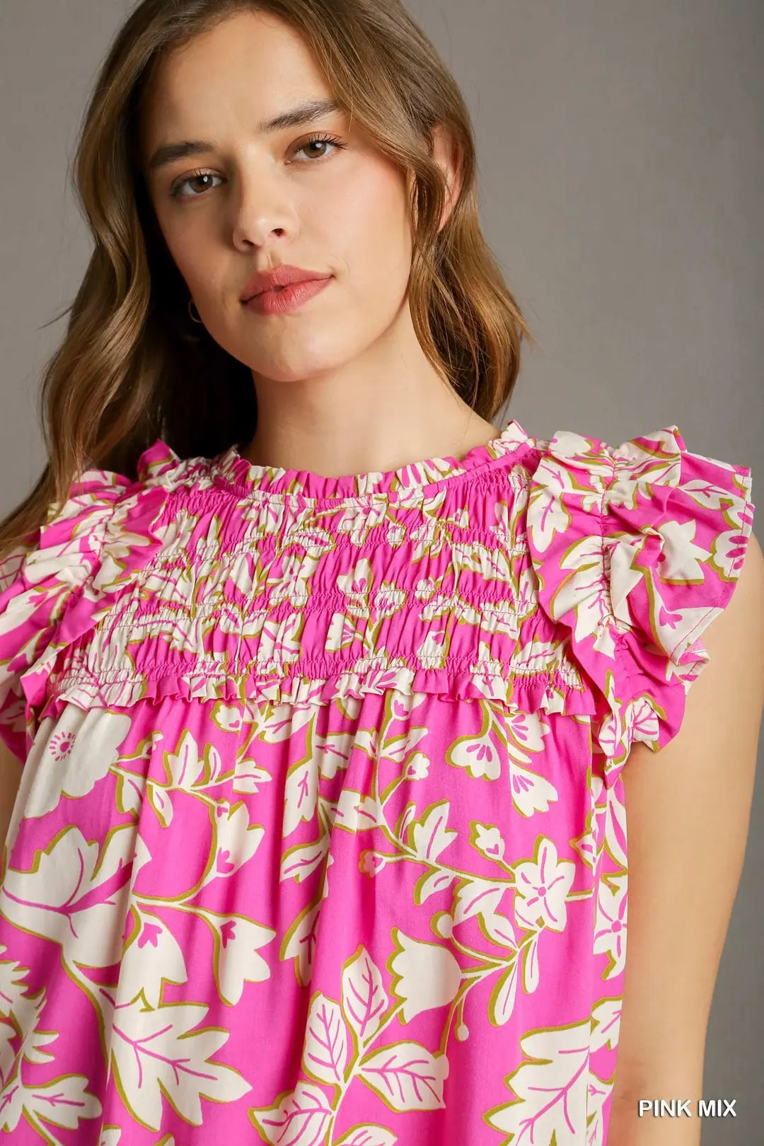 Two Tone Floral Print Smocked Ruffle Shoulder Top with Back Keyhole Button