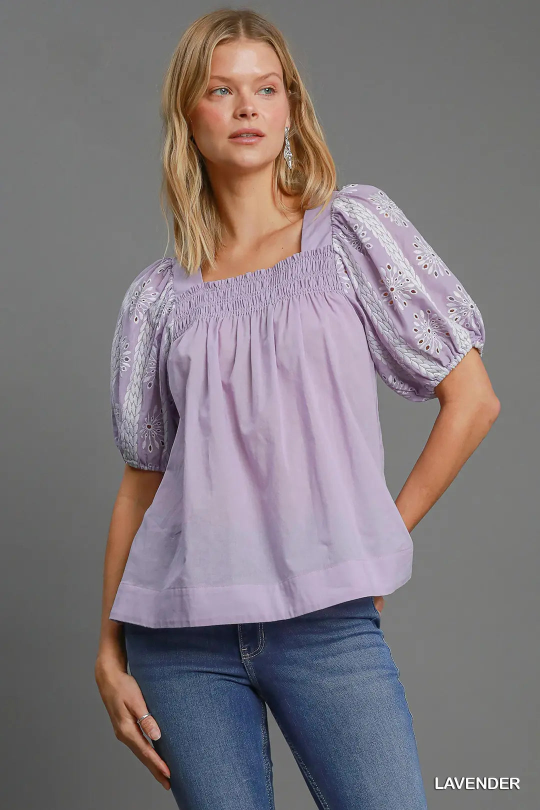 Puffed Eyelet Sleeved Square Neck Top