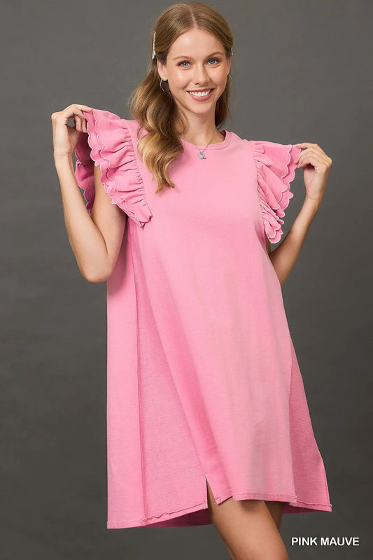 French Terry Mini Dress with Scalloped Ruffle Sleeves by Umgee