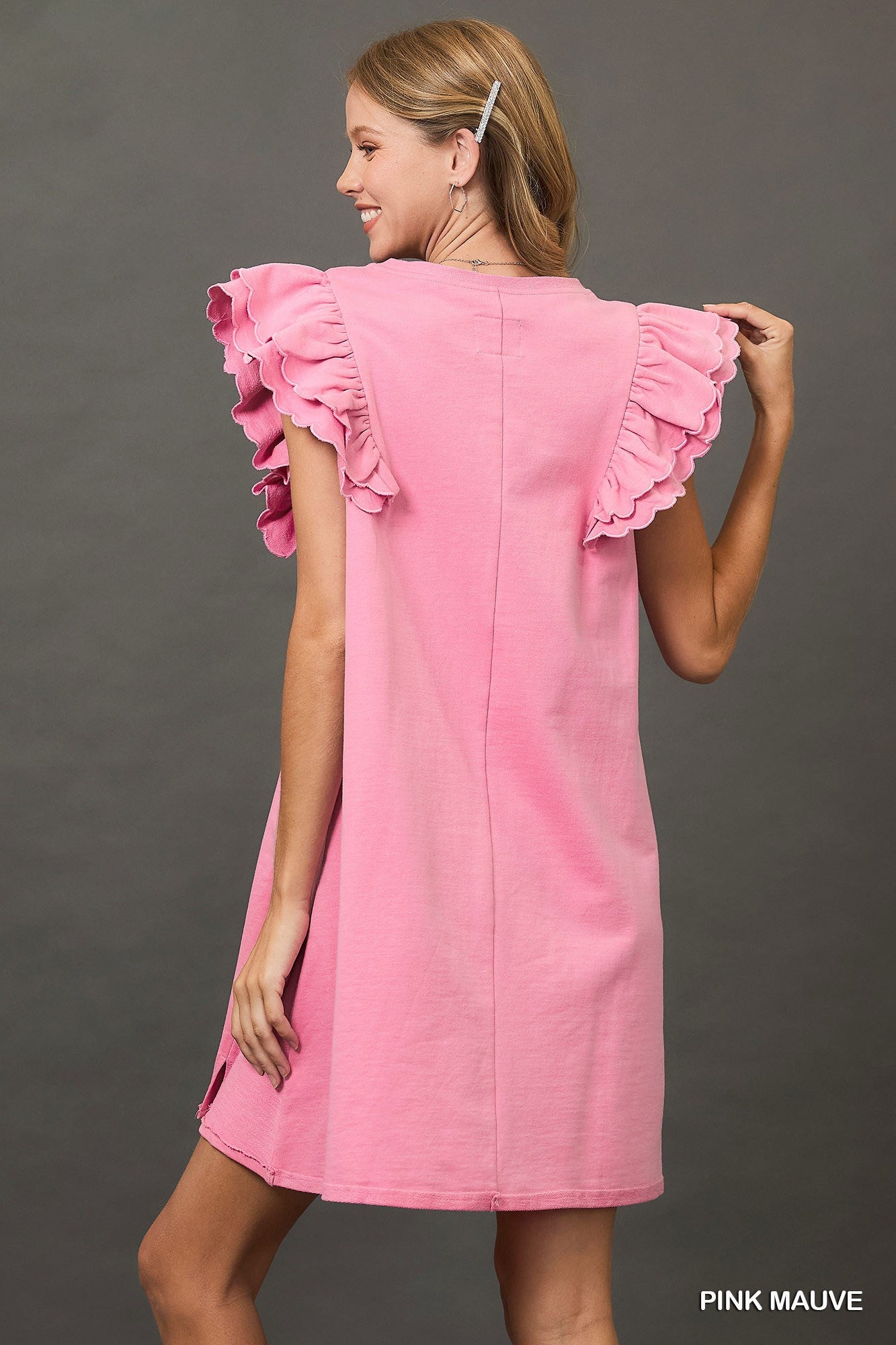 French Terry Mini Dress with Scalloped Ruffle Sleeves by Umgee