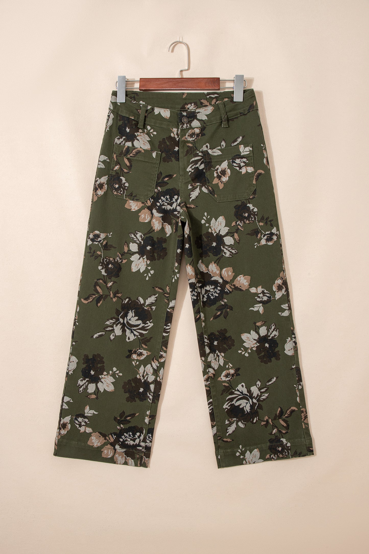 Olive Vintage Floral Patch Pocket Wide Leg Jeans