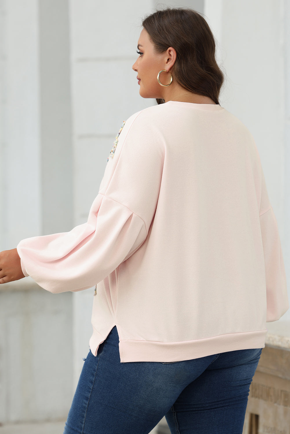 Parchment Embroidered Bow Lantern Sleeve Oversized Sweatshirt