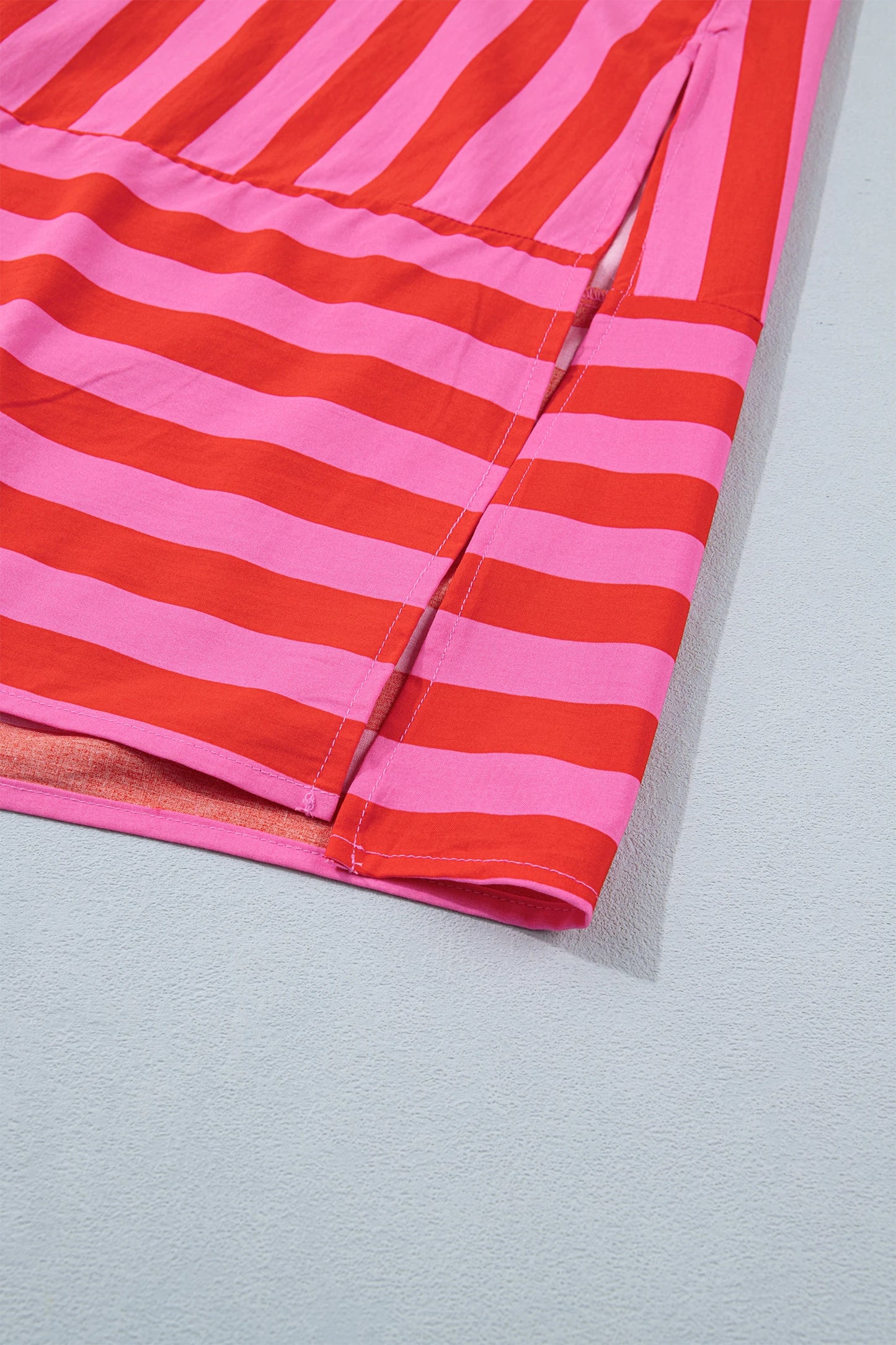 Pink Red Striped Midi Dress with Pockets