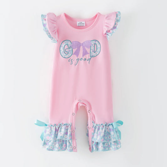 Pink God Is Good baby girl romper with ruffle sleeves and floral leg details